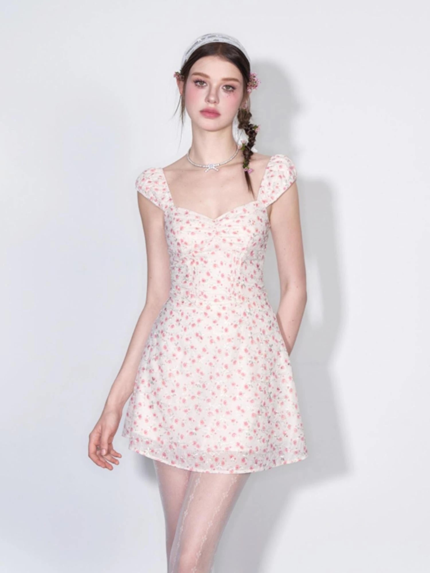 French Square Neck Ruffle Waist Floral Dress