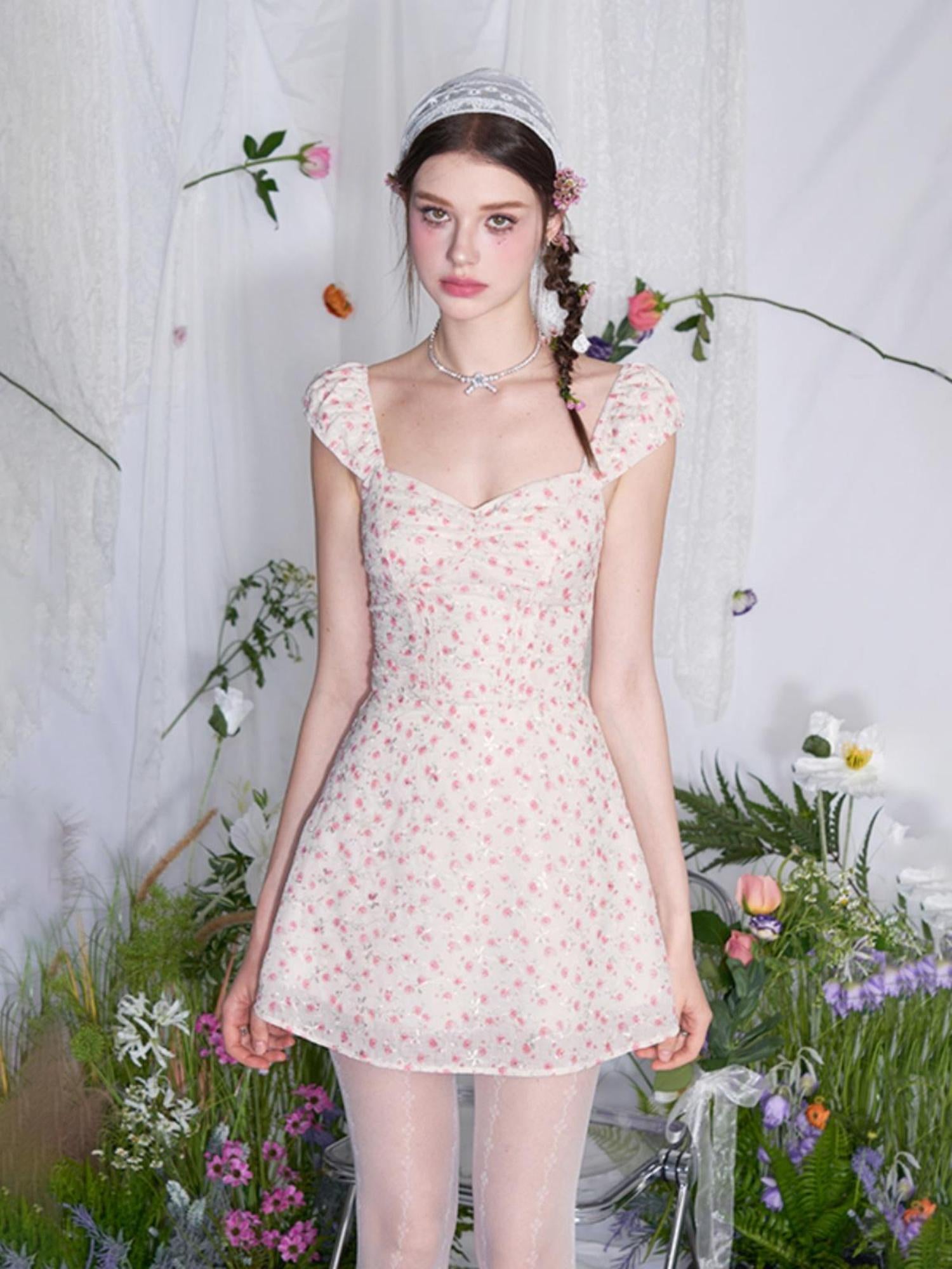 AFTADAWN French Square Neck Ruffle Waist Floral Dress