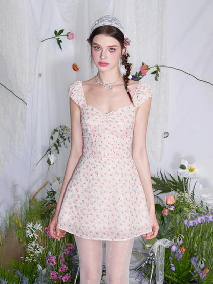 French Square Neck Ruffle Waist Floral Dress