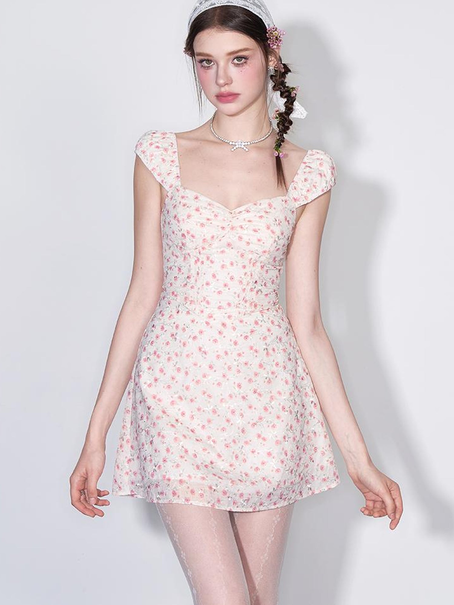 AFTADAWN French Square Neck Ruffle Waist Floral Dress