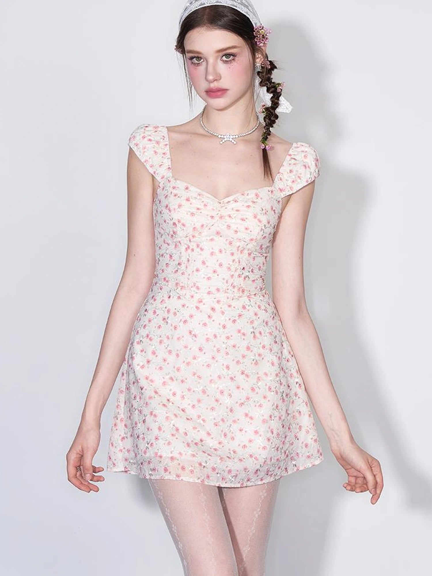 French Square Neck Ruffle Waist Floral Dress