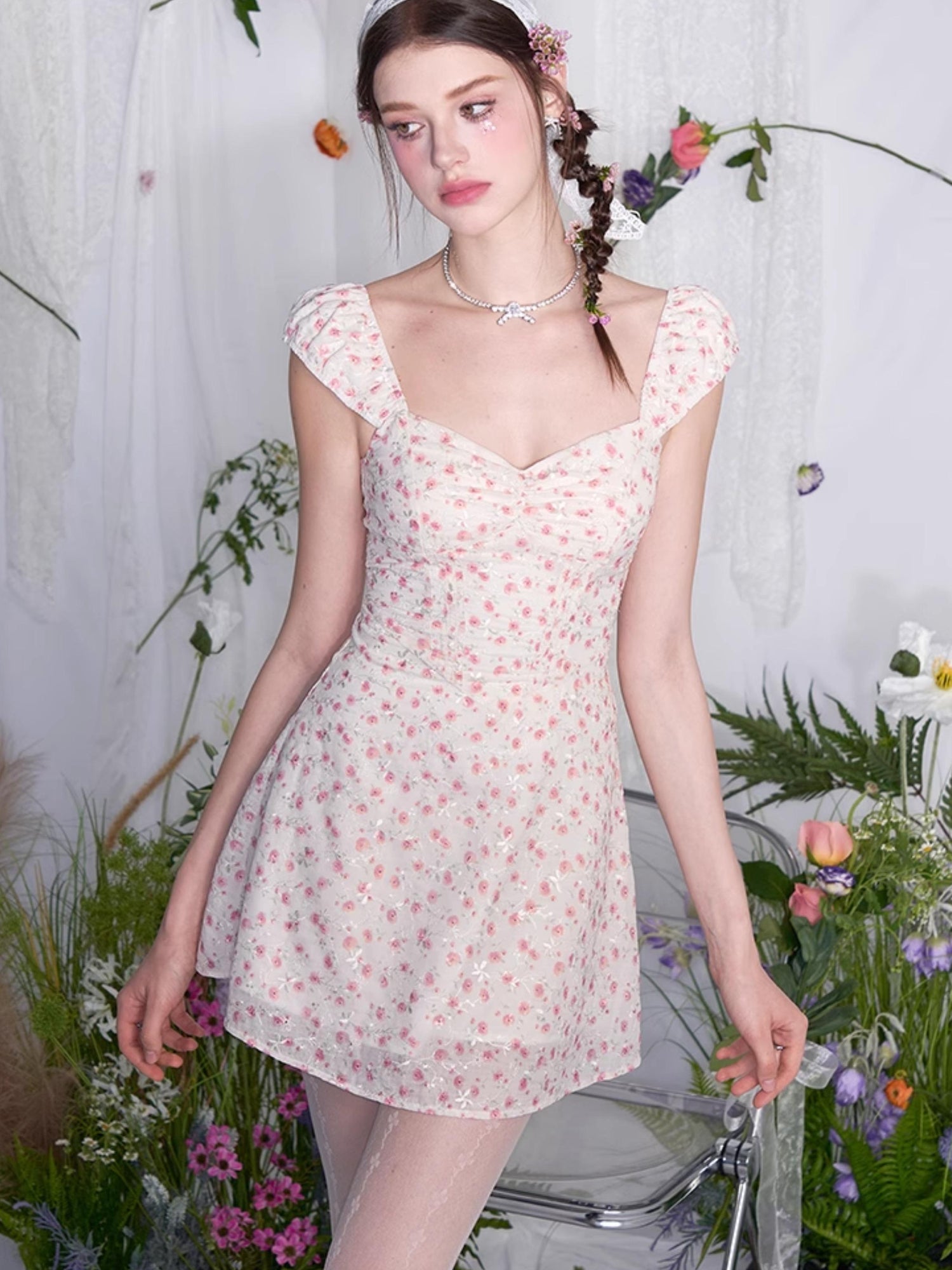 AFTADAWN French Square Neck Ruffle Waist Floral Dress