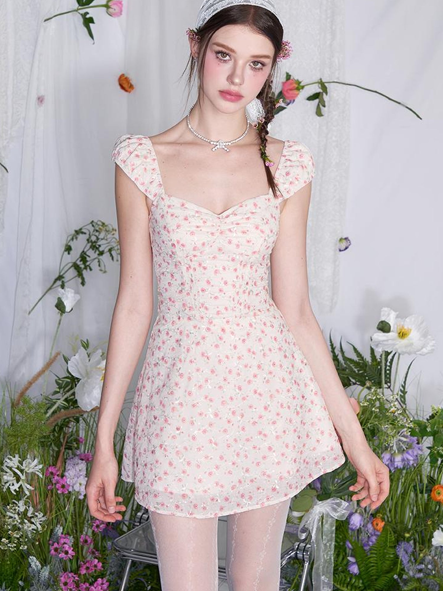 AFTADAWN French Square Neck Ruffle Waist Floral Dress