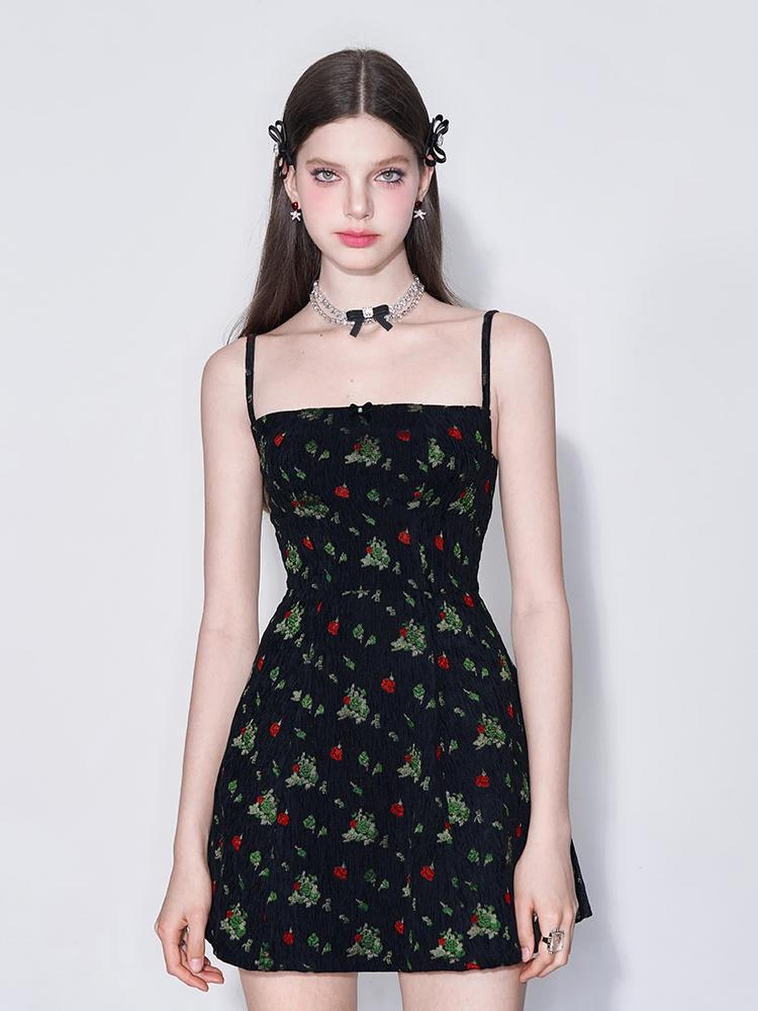AFTADAWN French Tea Embroidered Floral Bow Waist A Line Sundress