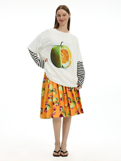 AFTADAWN Fruit Print Stripe Sleeve Relaxed Fit Tee