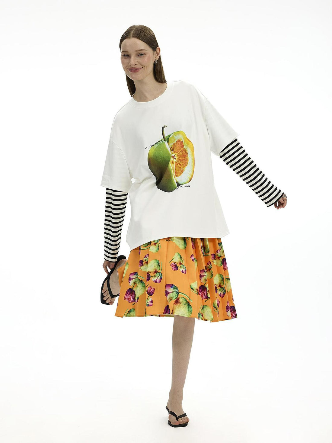 AFTADAWN Fruit Print Stripe Sleeve Relaxed Fit Tee