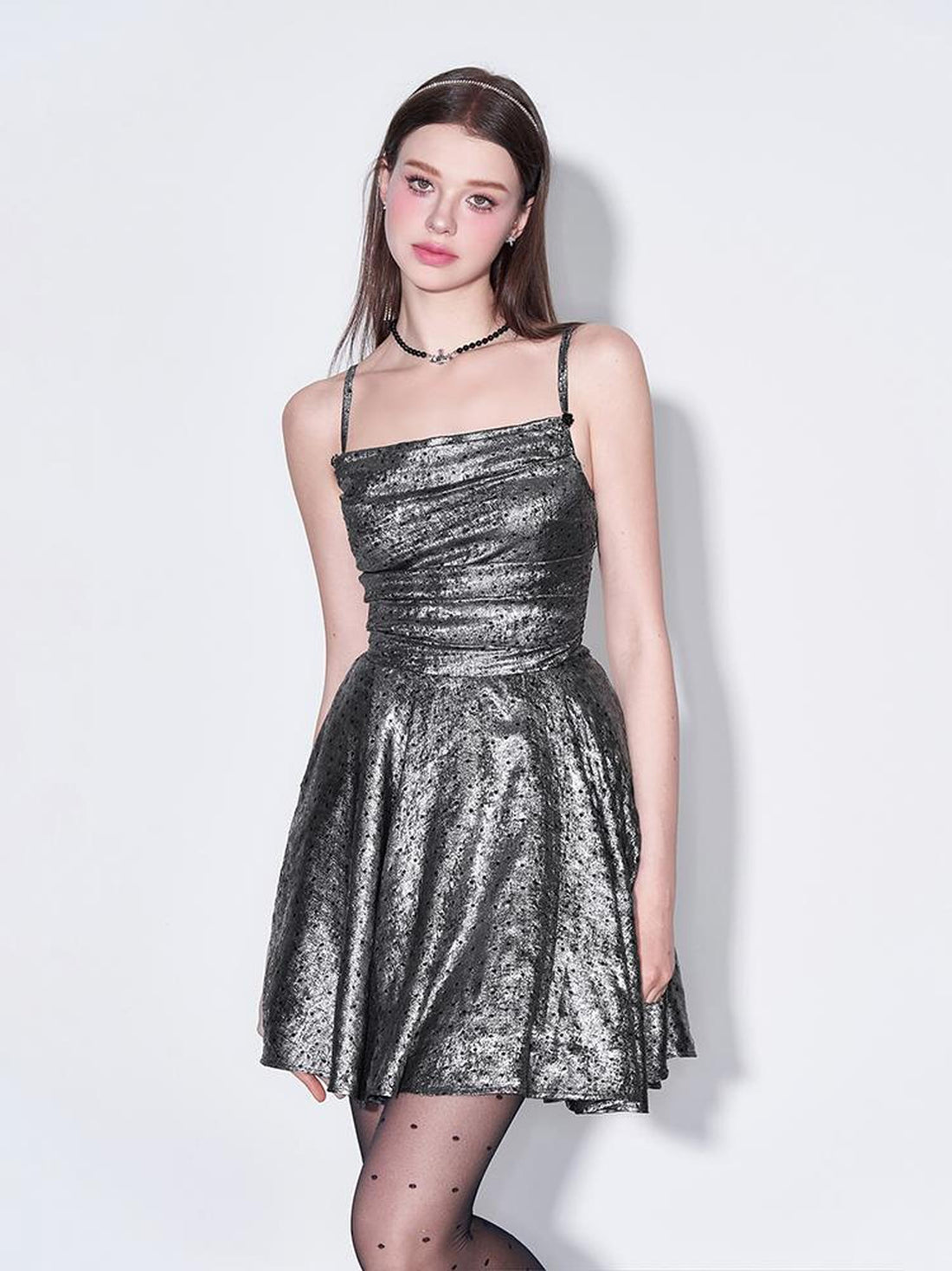 AFTADAWN Galaxy Starry Night Metallic Satin Slip Dress V-Neck T-Shirt Long-Sleeve
