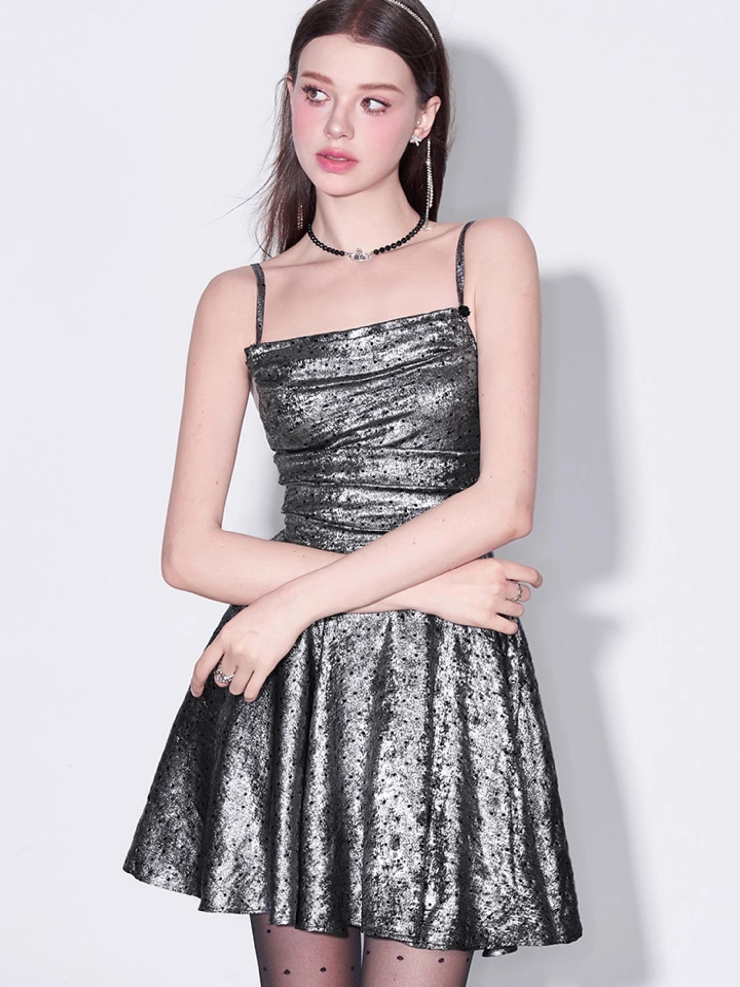 AFTADAWN Galaxy Starry Night Metallic Satin Slip Dress V-Neck T-Shirt Long-Sleeve