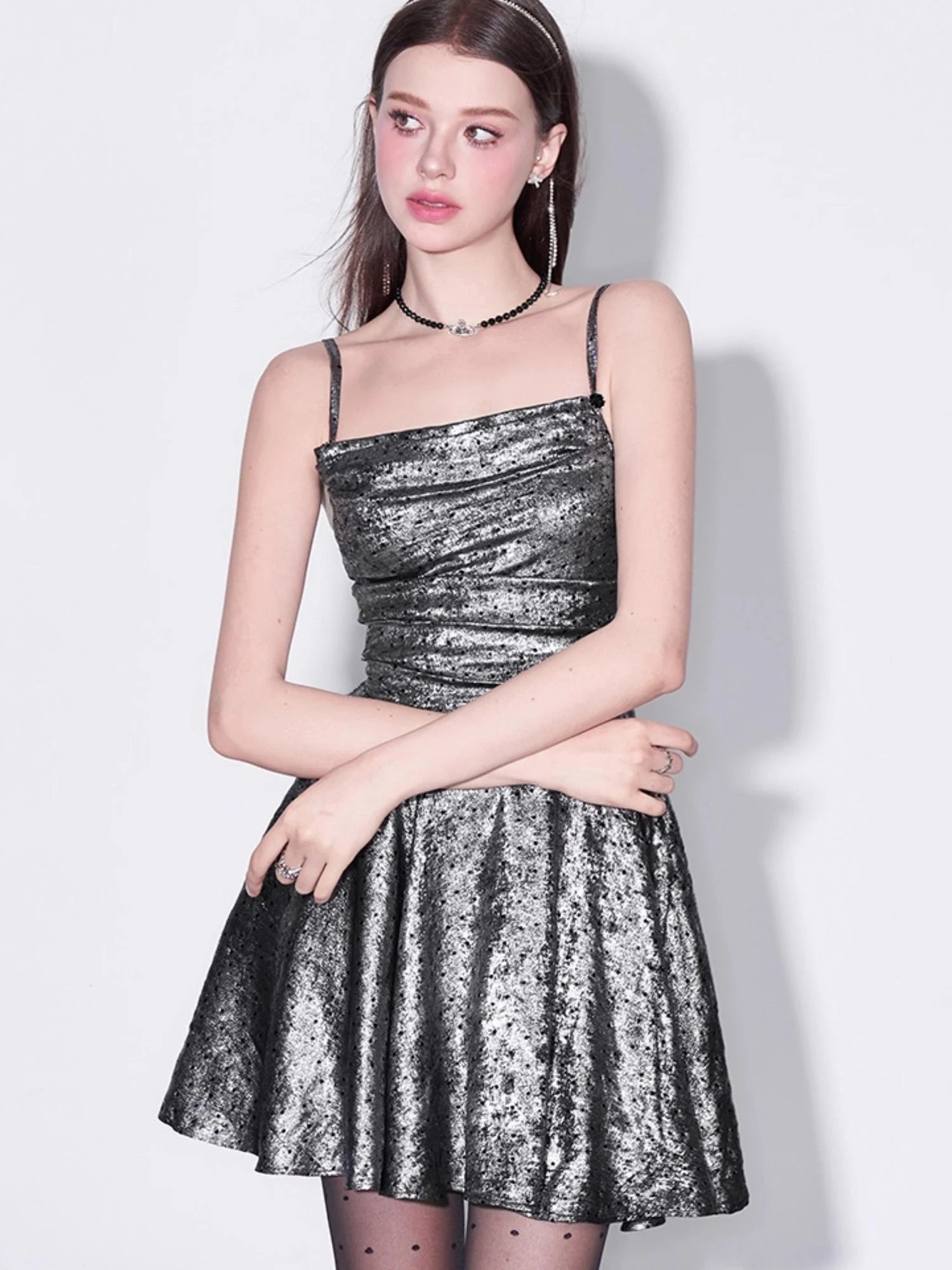 Galaxy Starry Night Metallic Satin Slip Dress V-Neck T-Shirt Long-Sleeve