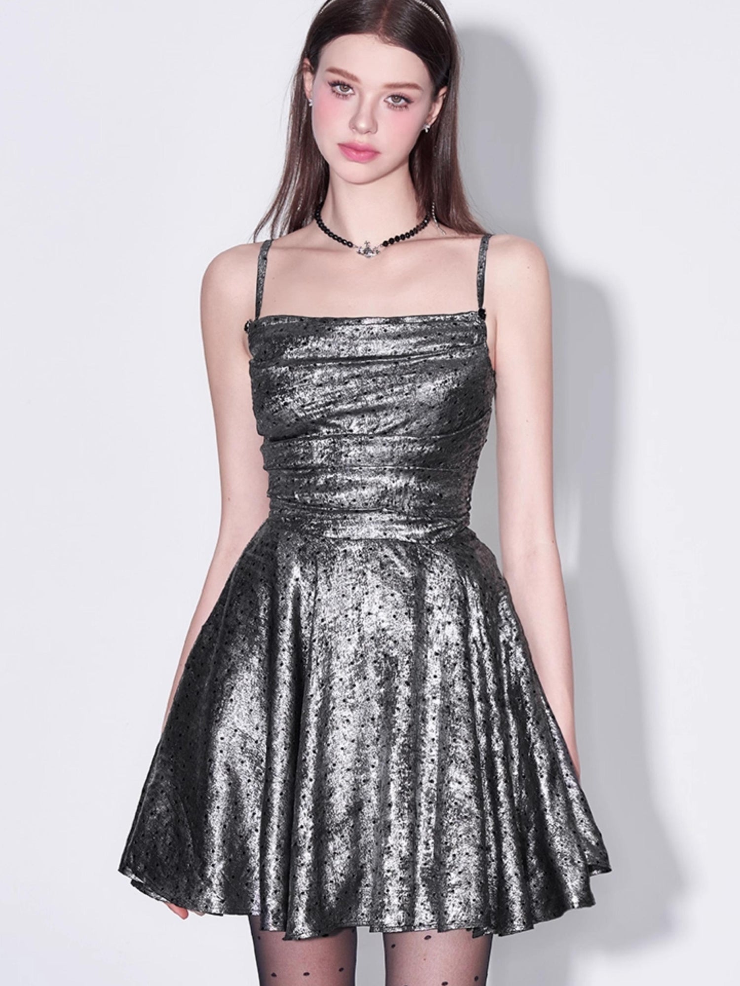 AFTADAWN Galaxy Starry Night Metallic Satin Slip Dress V-Neck T-Shirt Long-Sleeve