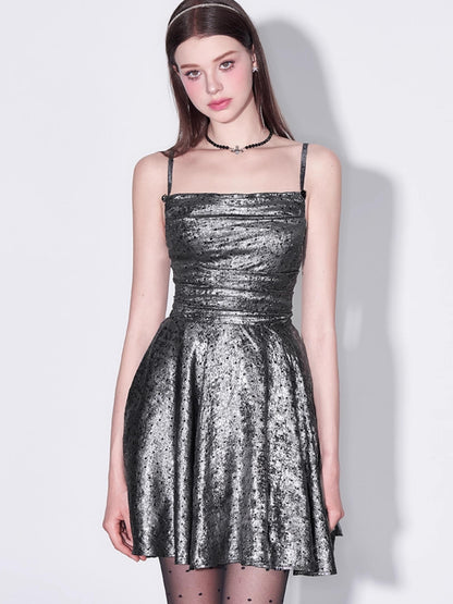 AFTADAWN Galaxy Starry Night Metallic Satin Slip Dress V-Neck T-Shirt Long-Sleeve