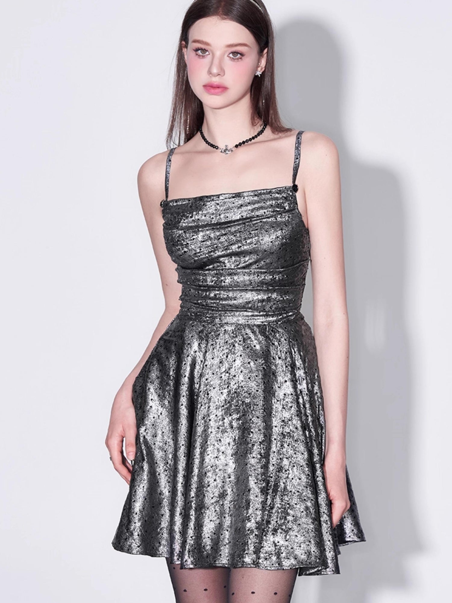 AFTADAWN Galaxy Starry Night Metallic Satin Slip Dress V-Neck T-Shirt Long-Sleeve