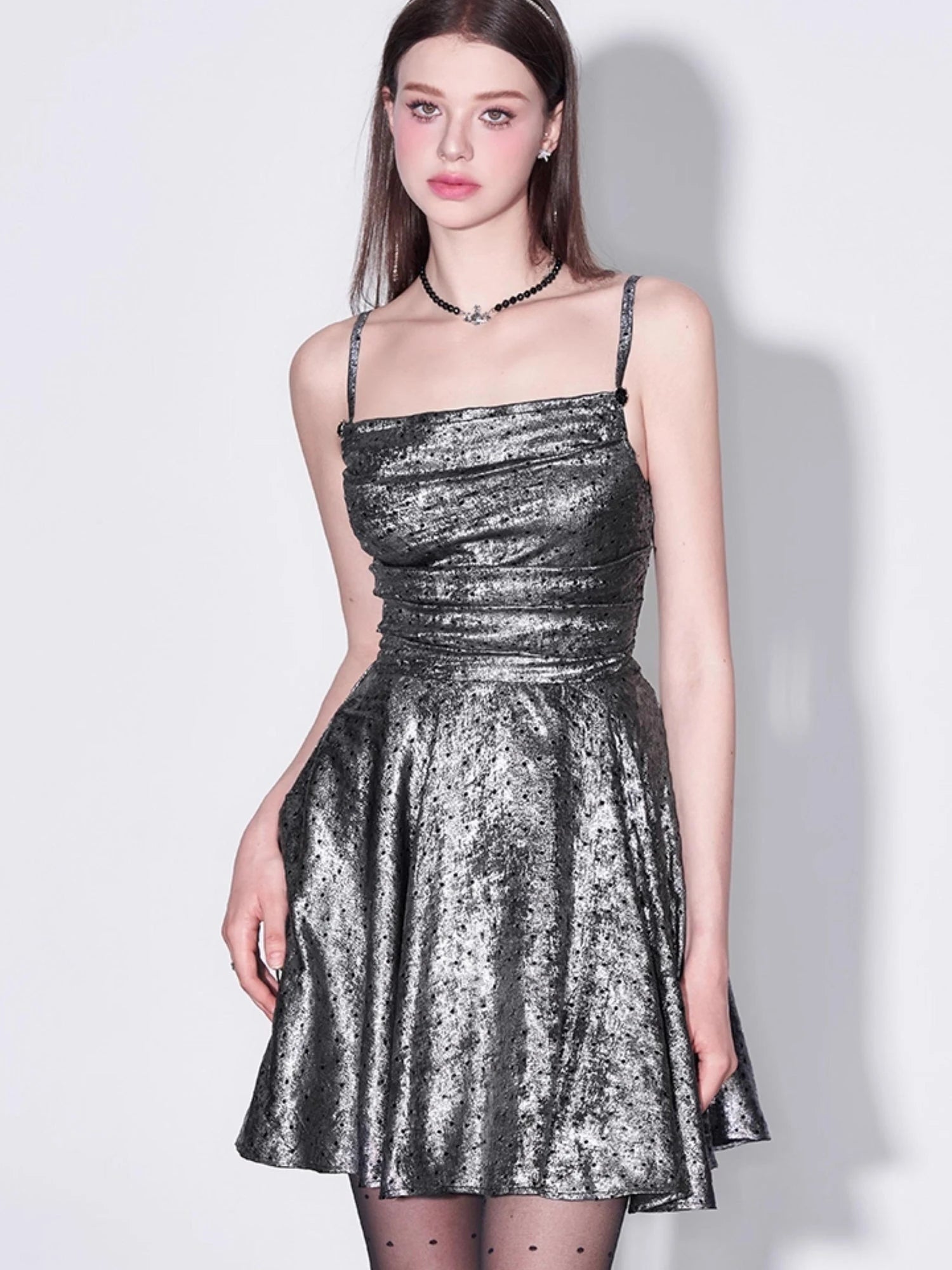 Galaxy Starry Night Metallic Satin Slip Dress V-Neck T-Shirt Long-Sleeve