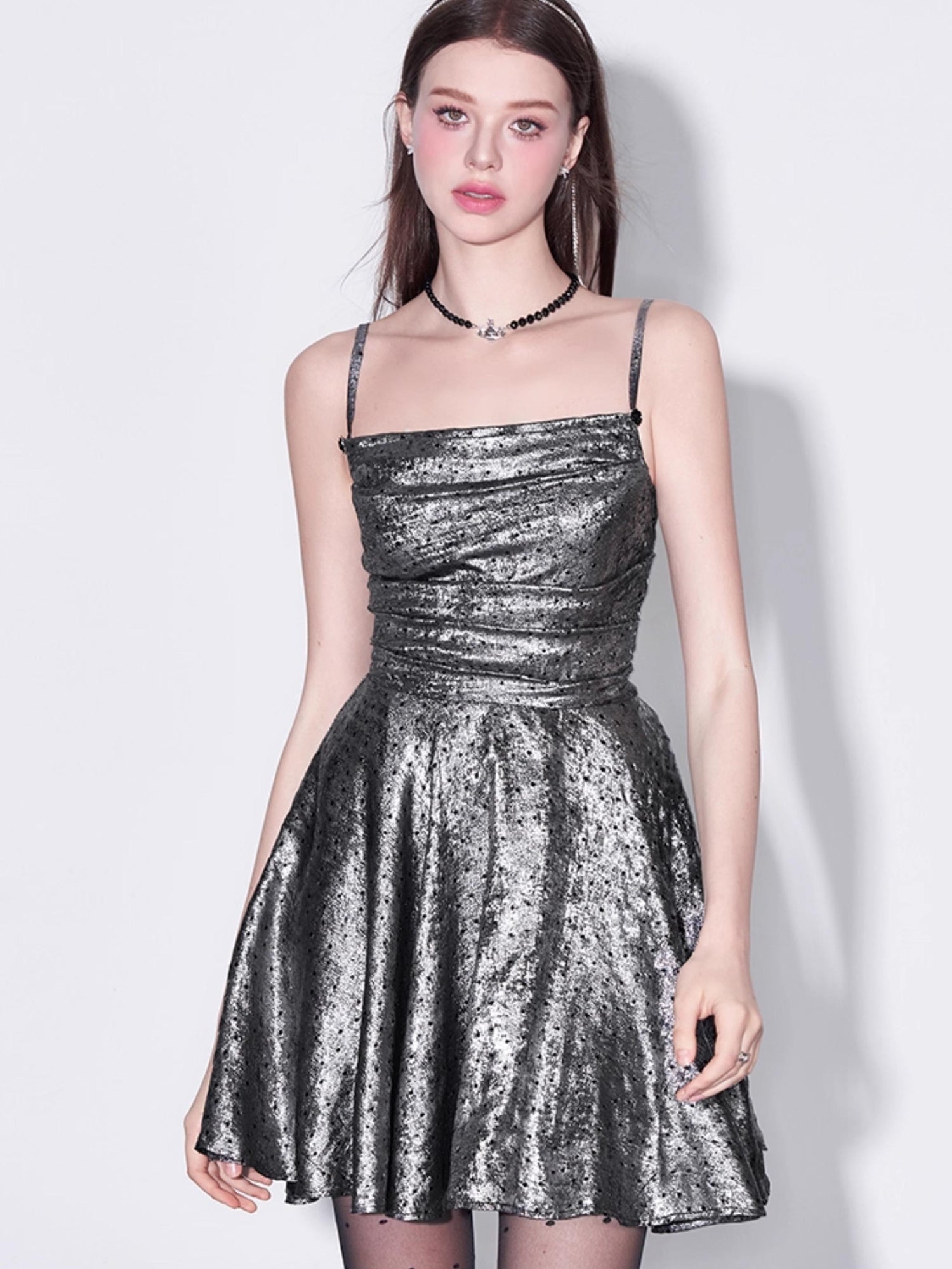AFTADAWN Galaxy Starry Night Metallic Satin Slip Dress V-Neck T-Shirt Long-Sleeve