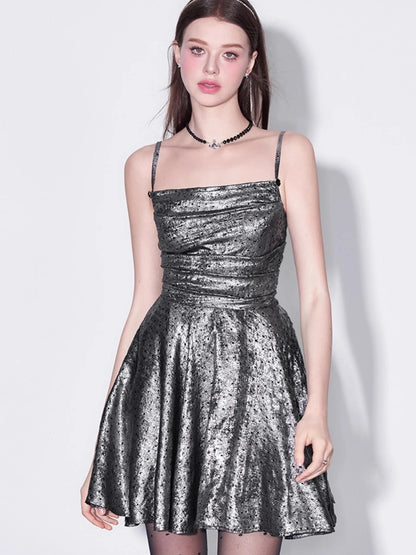 Galaxy Starry Night Metallic Satin Slip Dress V-Neck T-Shirt Long-Sleeve