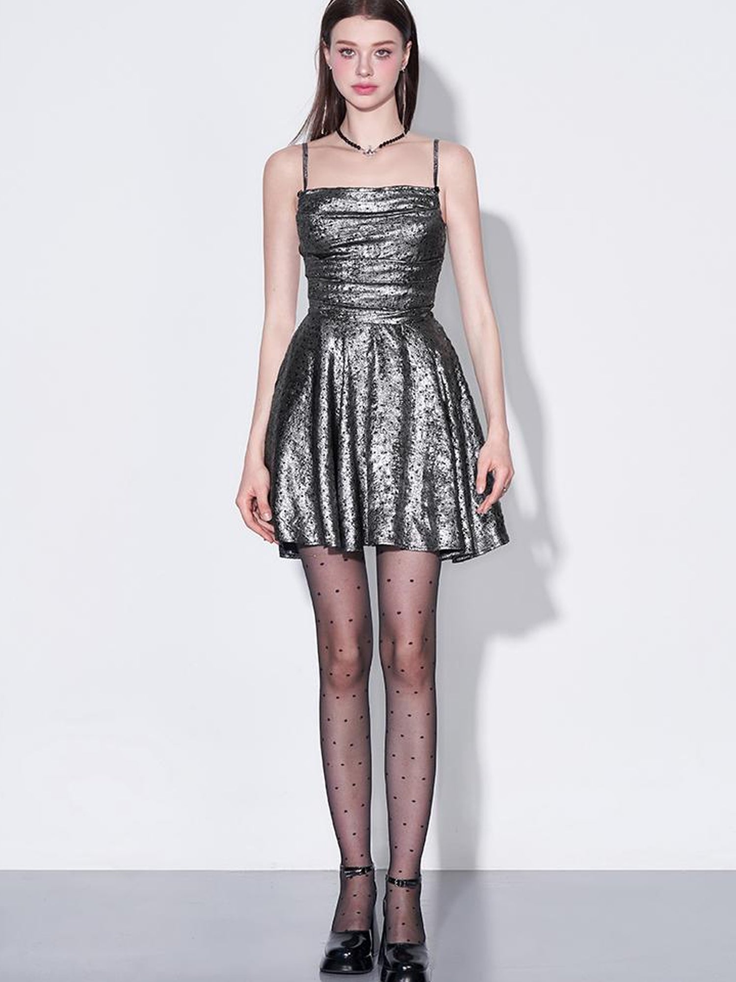 AFTADAWN Galaxy Starry Night Metallic Satin Slip Dress V-Neck T-Shirt Long-Sleeve