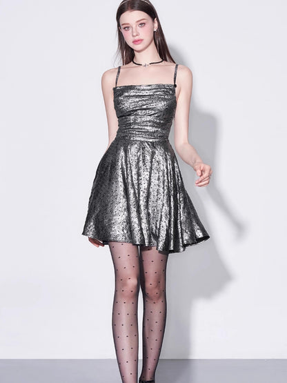 AFTADAWN Galaxy Starry Night Metallic Satin Slip Dress V-Neck T-Shirt Long-Sleeve