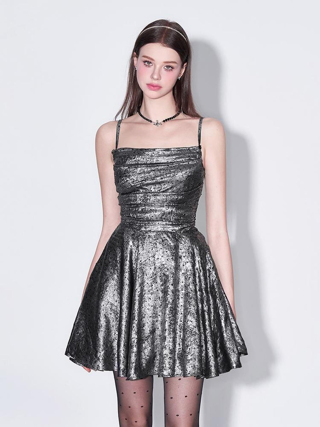 AFTADAWN Galaxy Starry Night Metallic Satin Slip Dress V-Neck T-Shirt Long-Sleeve