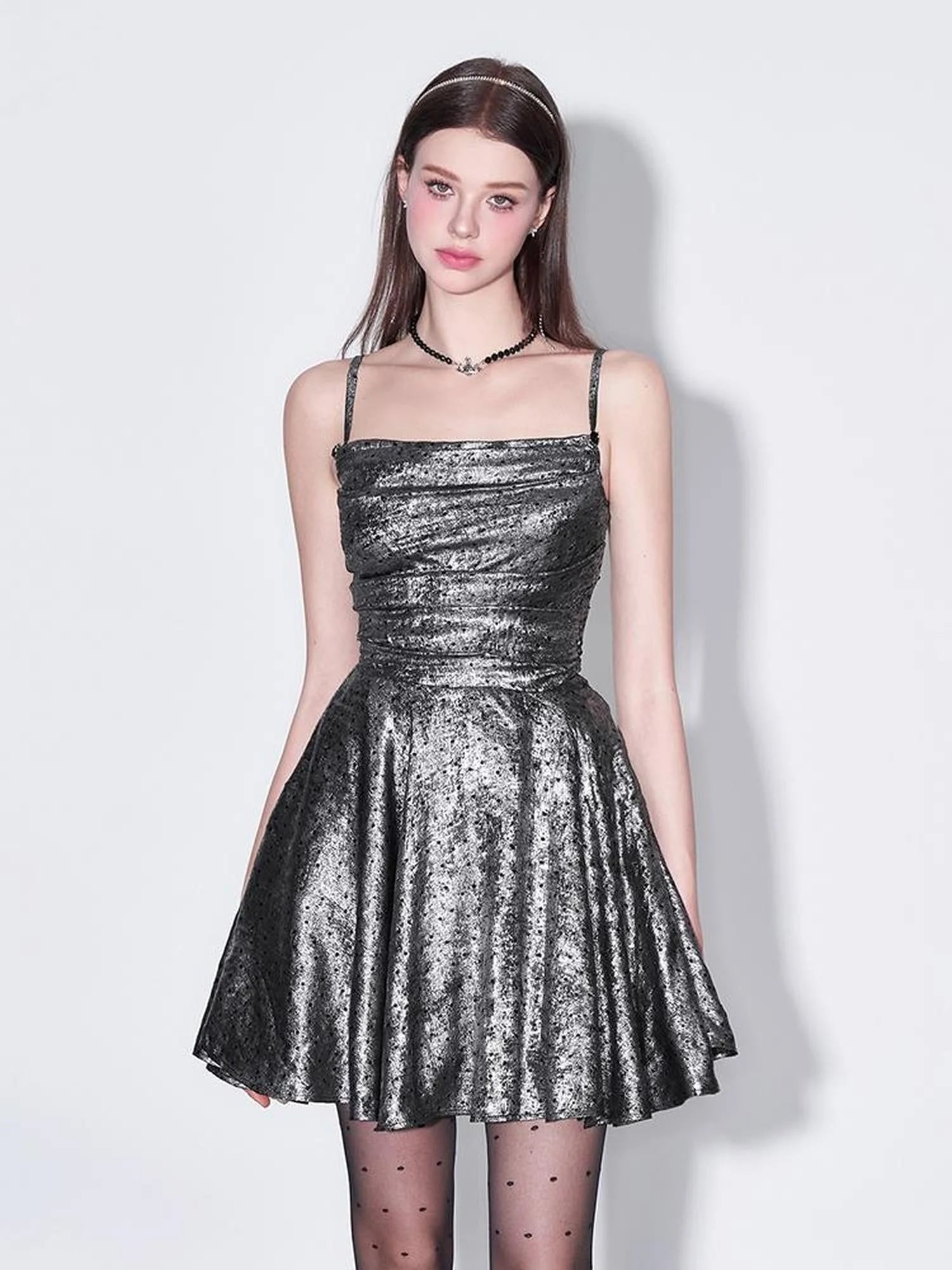 Galaxy Starry Night Metallic Satin Slip Dress V-Neck T-Shirt Long-Sleeve