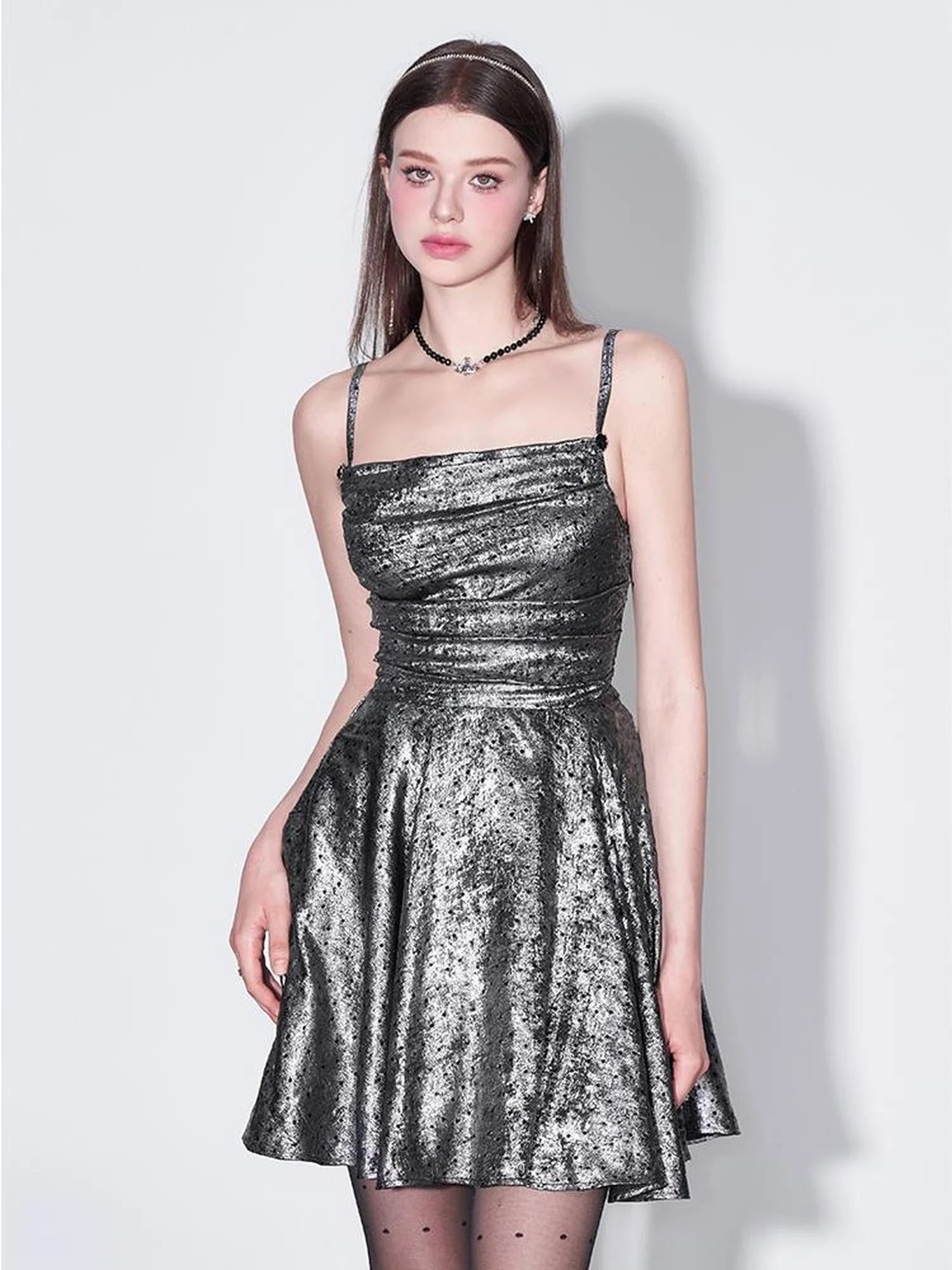 Galaxy Starry Night Metallic Satin Slip Dress V-Neck T-Shirt Long-Sleeve