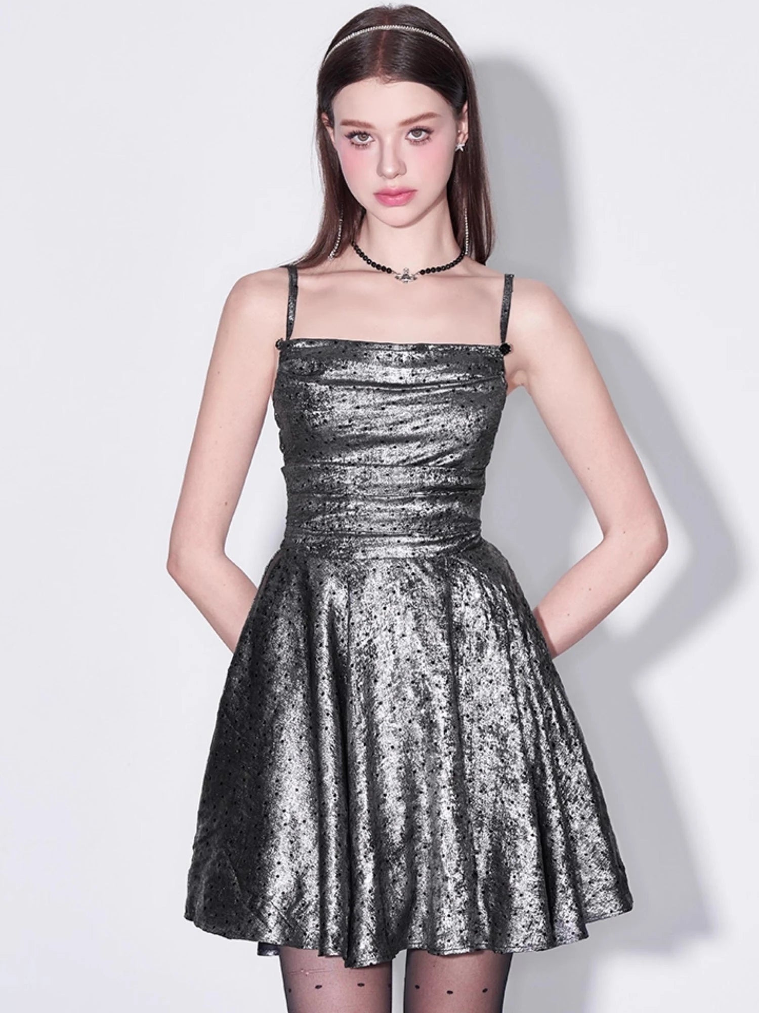 Galaxy Starry Night Metallic Satin Slip Dress V-Neck T-Shirt Long-Sleeve