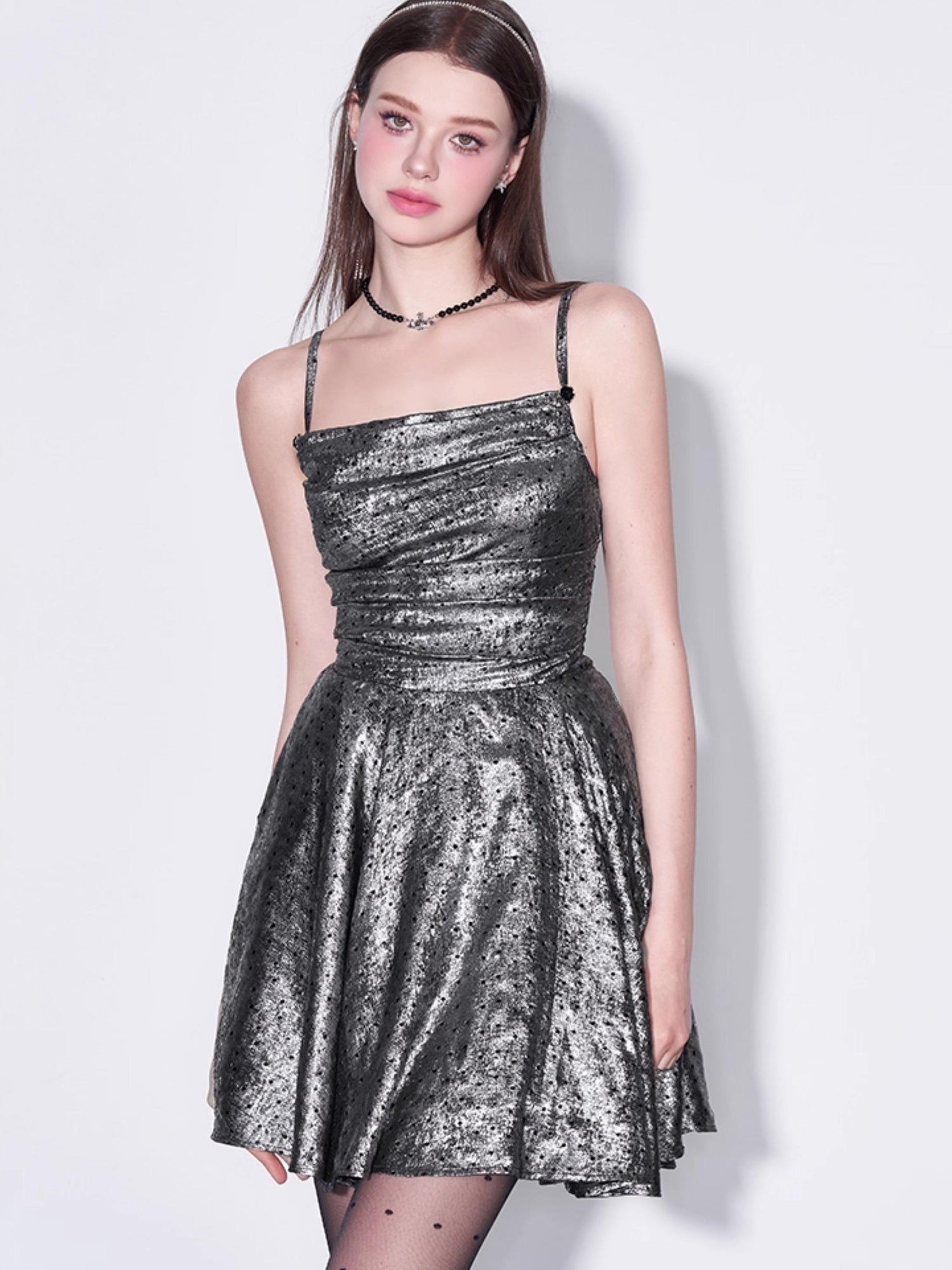 AFTADAWN Galaxy Starry Night Metallic Satin Slip Dress V-Neck T-Shirt Long-Sleeve