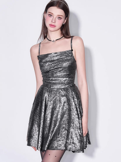 AFTADAWN Galaxy Starry Night Metallic Satin Slip Dress V-Neck T-Shirt Long-Sleeve
