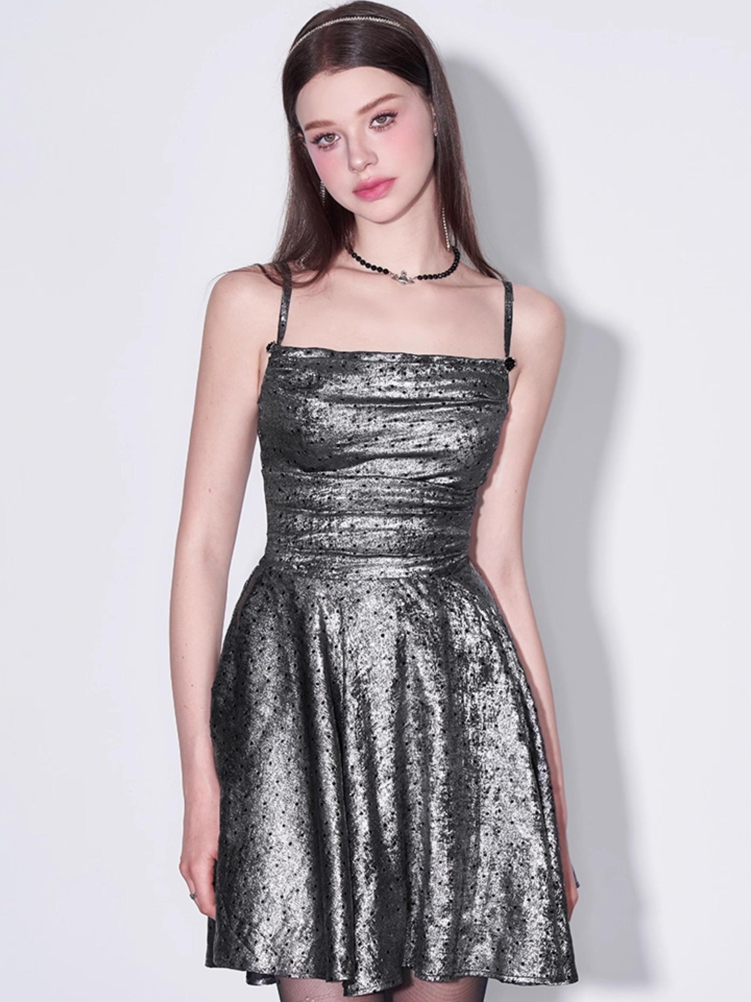 AFTADAWN Galaxy Starry Night Metallic Satin Slip Dress V-Neck T-Shirt Long-Sleeve