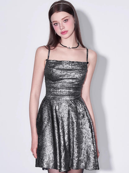 AFTADAWN Galaxy Starry Night Metallic Satin Slip Dress V-Neck T-Shirt Long-Sleeve