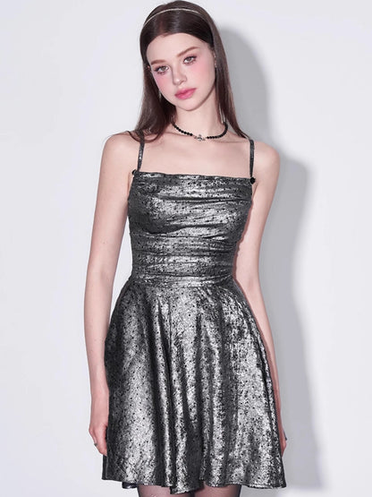 Galaxy Starry Night Metallic Satin Slip Dress V-Neck T-Shirt Long-Sleeve