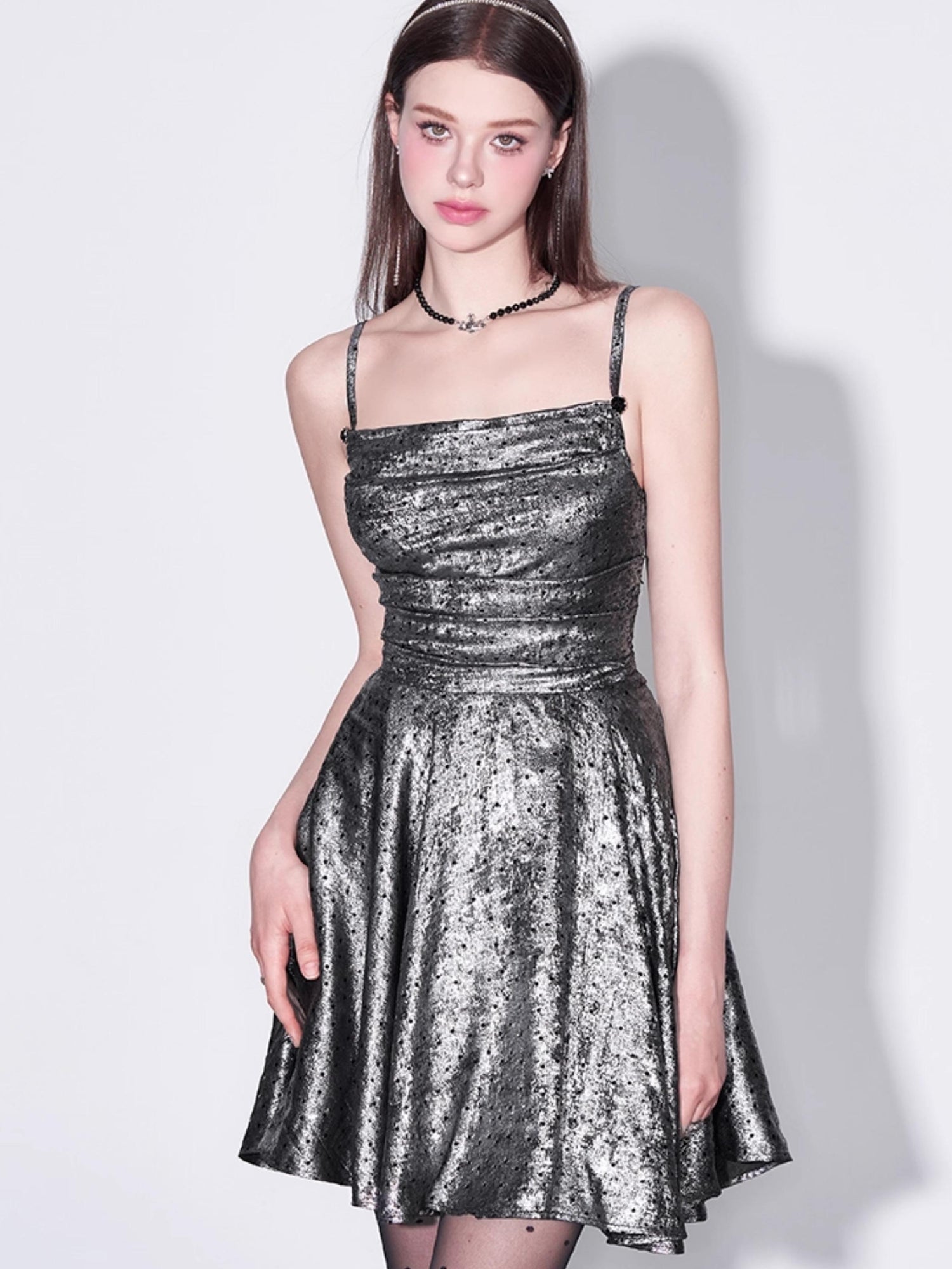 AFTADAWN Galaxy Starry Night Metallic Satin Slip Dress V-Neck T-Shirt Long-Sleeve