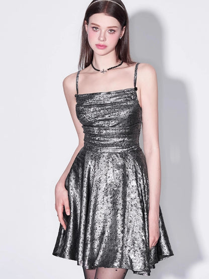 Galaxy Starry Night Metallic Satin Slip Dress V-Neck T-Shirt Long-Sleeve