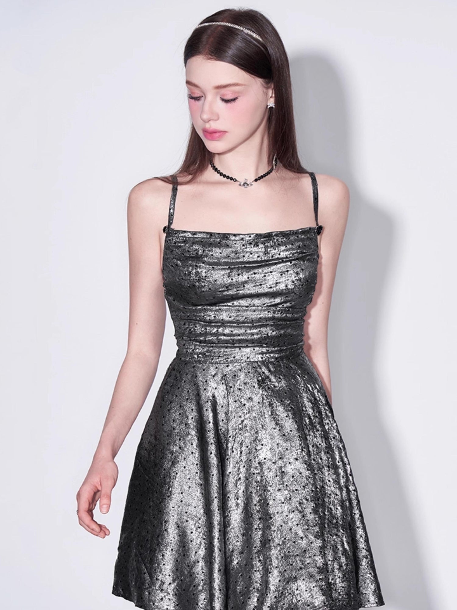 AFTADAWN Galaxy Starry Night Metallic Satin Slip Dress V-Neck T-Shirt Long-Sleeve