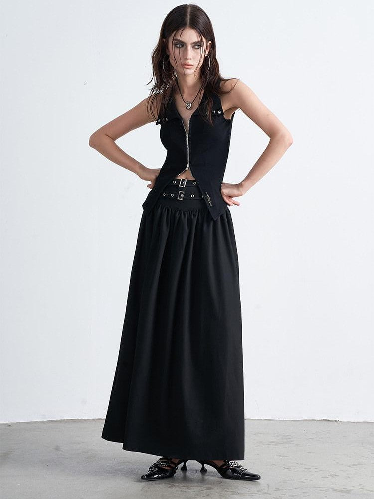 AFTADAWN Gothic Double Waist Belt Pleated High Waist Women&