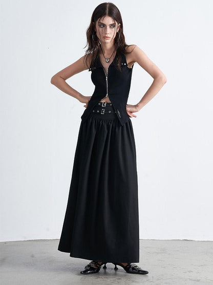 AFTADAWN Gothic Double Waist Belt Pleated High Waist Women&