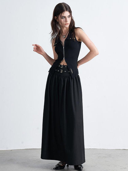 AFTADAWN Gothic Double Waist Belt Pleated High Waist Women&