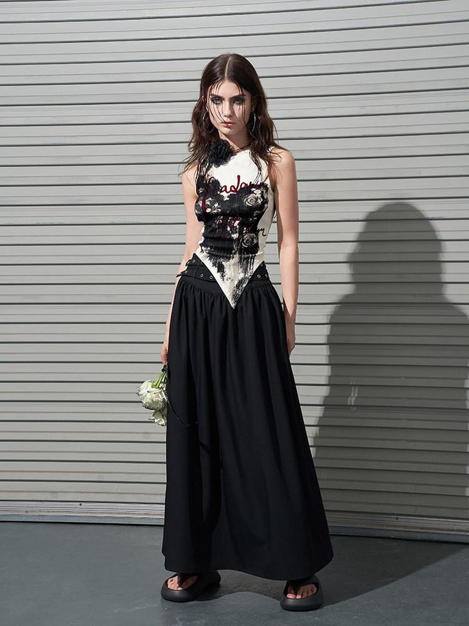 AFTADAWN Gothic Double Waist Belt Pleated High Waist Women&