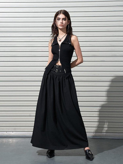 AFTADAWN Gothic Double Waist Belt Pleated High Waist Women&