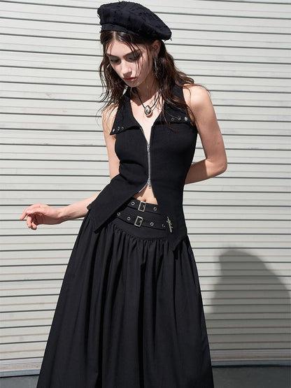 AFTADAWN Gothic Double Waist Belt Pleated High Waist Women&