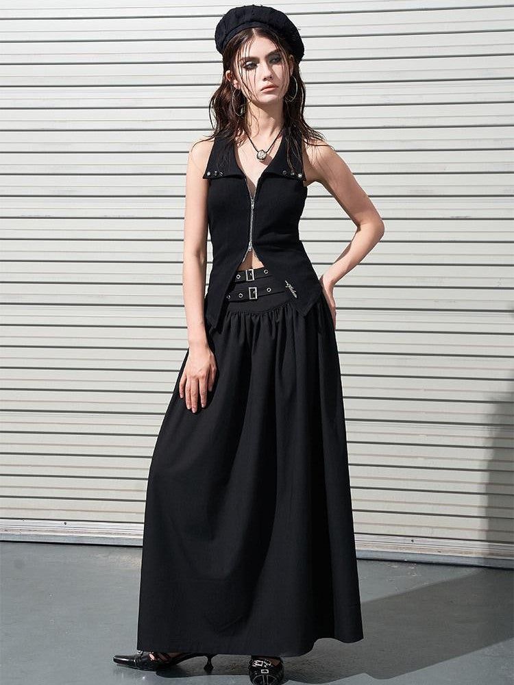 AFTADAWN Gothic Double Waist Belt Pleated High Waist Women&