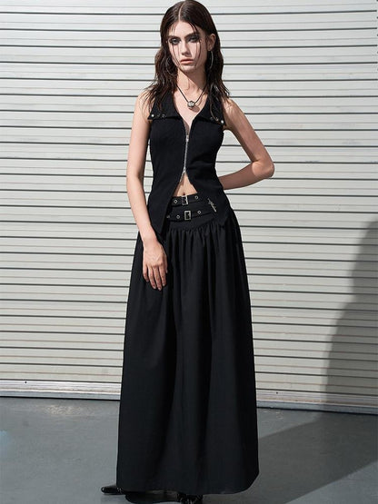 AFTADAWN Gothic Double Waist Belt Pleated High Waist Women&