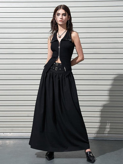 AFTADAWN Gothic Double Waist Belt Pleated High Waist Women&