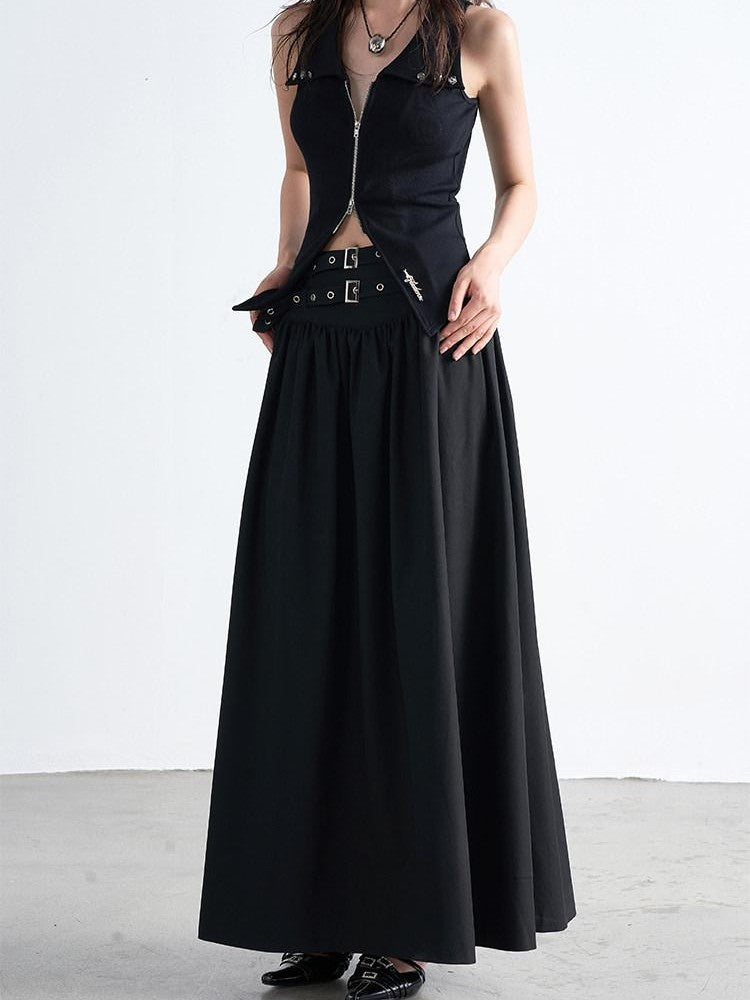 AFTADAWN Gothic Double Waist Belt Pleated High Waist Women&