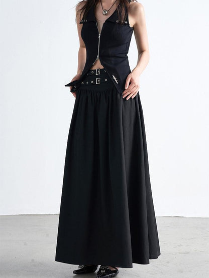 AFTADAWN Gothic Double Waist Belt Pleated High Waist Women&