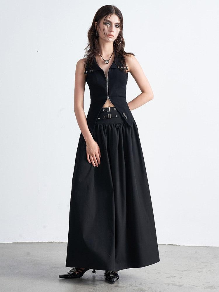 AFTADAWN Gothic Double Waist Belt Pleated High Waist Women&