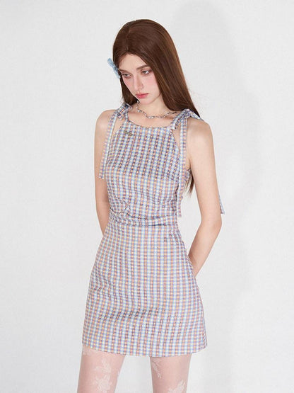 AFTADAWN Grapevine Plaid Halter Tie Ruched Women&