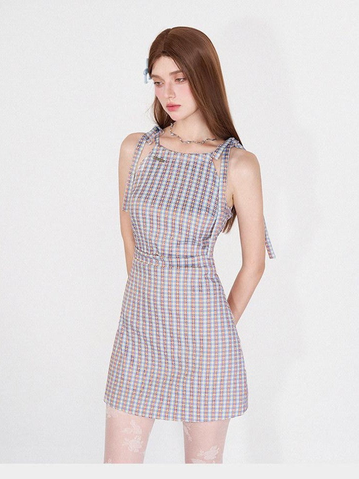 AFTADAWN Grapevine Plaid Halter Tie Ruched Women&