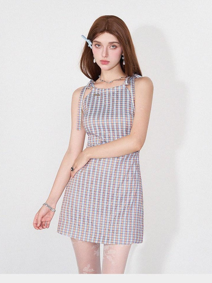 AFTADAWN Grapevine Plaid Halter Tie Ruched Women&