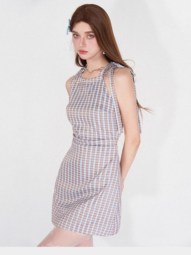 AFTADAWN Grapevine Plaid Halter Tie Ruched Women&