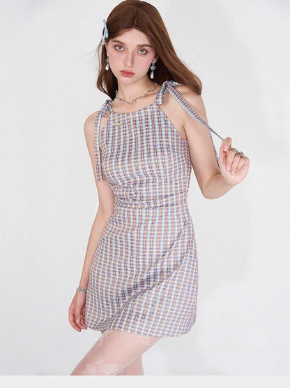 AFTADAWN Grapevine Plaid Halter Tie Ruched Women&